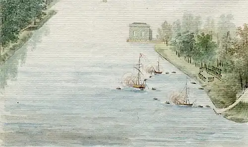 «Манёвр на гатчинских водах». Высадка десанта на берег Белого озера около Павильона Венеры. 1790-е. ГАРФ.