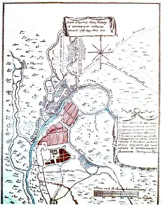 Изюмская крепость (с тёмно-красной застройкой) на плане 1787 года