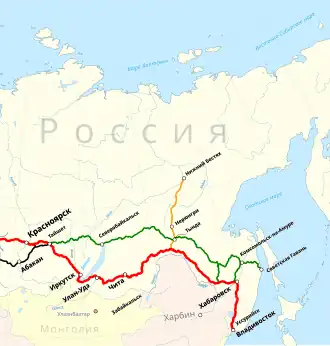 АЯМ оранжевая, БАМ зелёная, Транссиб красный, Южсиб чёрный