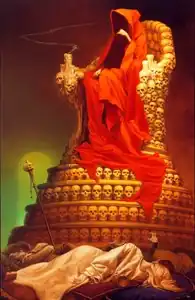 Алый Король в замке Ле кас руа рюс после убийства своих слуг. Иллюстрация М. Уэлана к последней книге цикла