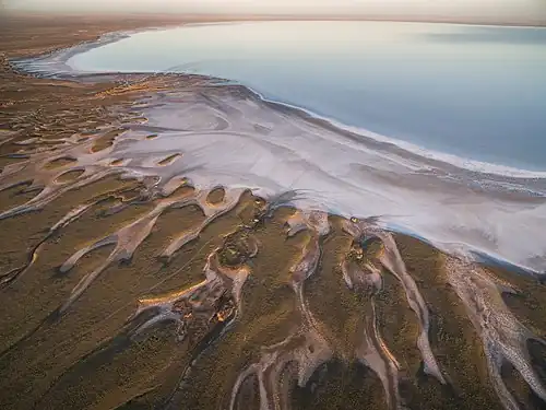 Вид на устье Самароды и юго-восточную часть озера с высоты птичьего полёта весной 2018 года