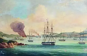 А. П. Боголюбов «Бой 12-пушечного люгера „Широкий“ с греческим 60-пушечным корветом „Специя“ в Монастырской бухте 27 июля 1832 года», 1841 год