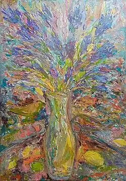 Букет ирисов с жёлтыми канарейками. 2021