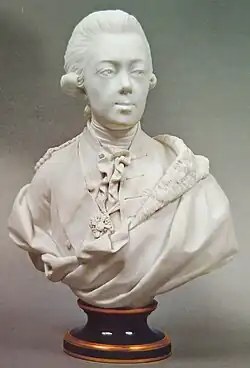 Бюст великого князя Павла Петровича по модели Л.-С.Буазо (1781). Севрская фарфоровая мануфактура , Франция. 1857. Фарфор, бисквит, крытие кобальтом, золочение. 22Х15х9 ГМЗ «Павловск»