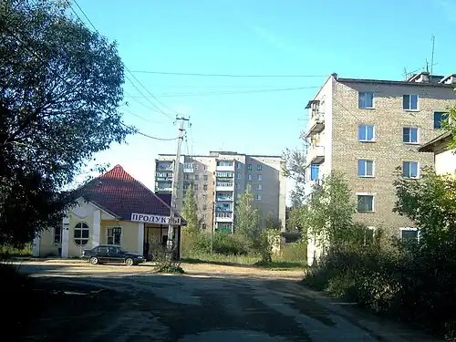 Вид на магазин «Продукты» и дома № 7 и 4 по Осташковскому пр.