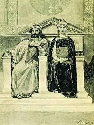 «Владимир Красное Солнышко и его жена Апраксия Королевична». 1895. Иллюстрация к книге «Русские былинные богатыри», художник Андрей Петрович Рябушкин.