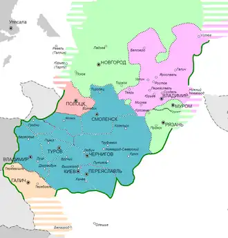 Тёмно-зелёным отмечены княжества, пославшие войска на Галич в 1144 году