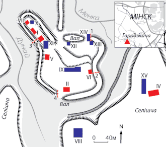 Схема городища и селища на реке Менке
