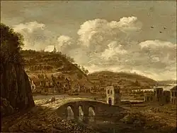 Гористый пейзаж с мостом Дионисиус Фербург- дуб 46,5 х 63,5 см. В каталоге Поплавского из собрания Семёнова Тян-Шанского (№97)