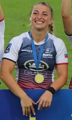 Дарья Норицина на награждении чемпионок Европы 2018 года[англ.] по регби-7 в Казани