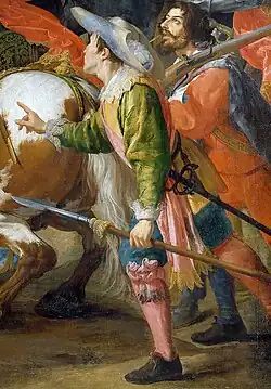 Офицер с эспонтоном, фрагмент картины 1635 года. Статус подтверждается надетым через плечо офицерским шарфом.