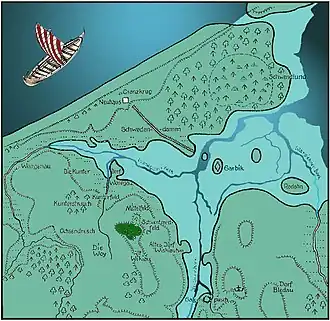 План окрестностей современного Зеленоградска для эпохи викингов. Отмечены палеотопонимы в этом микрорегионе.