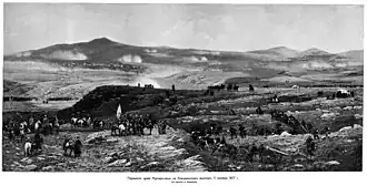 Поражение армии Мухтара-паши на Аладжинских высотах 3 октября 1877 г. (С картины А. Кившенко).