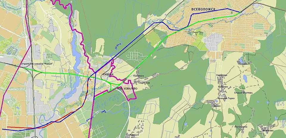 Траектории трасс современного Ириновского пр. (красный), старой (синий) и современной (зелёный) Ириновской ж/д