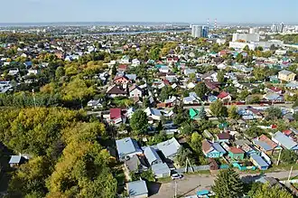 Панорама посёлка Старые Горки с высоты одного из корпусов жилого комплекса «Романтика» (сентябрь 2020)