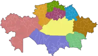 Деление на епархии с 2011 года. Созданы:Петропавловская и Булаевская епархия (ярко-зелёный); Кокшетауская и Акмолинская епархия (ярко-фиолетовый); Усть-Каменогорская и Семипалатинская епархия (коричневый)