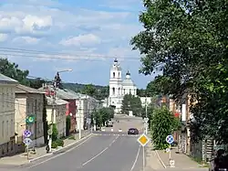 Вид улицы в сторону площади Ленина. В перспективе улицы  Собор Петра и Павла