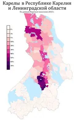 Карелы в Карелии и Ленинградской области по городским и сельским поселениям в %, перепись 2010 г.