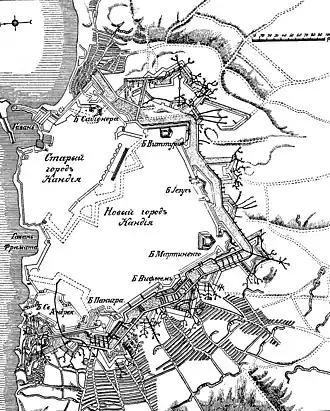 Схема укреплений Кандии. Изображены османские траншеи и сеть контрминных галерей Кандии.Военная энциклопедия Сытина, 1913