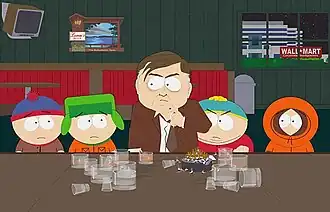 Кайл, Стэн, Кенни и Картман с президентом Wall-Mart