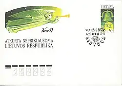Художественный маркированный конверт с оригинальной маркой, выпущенный к годовщине восстановления независимости Литовской Республики (Литва, 1991, 20 копеек)