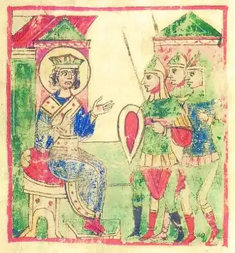 Император Константин Великий перед войском, миниатюра из Тверского списка Хроники Георгия Амартола, первая половина XIV века