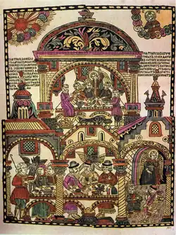 Четырёхлистовый лубок «Трапеза благочестивых и нечестивых» (XVIII век)