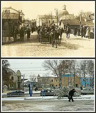 Сравнение района площади Братский Мост в 1916 и 2008 годах со стороны улицы Леси Украинки на улицу Даниила Галицкого