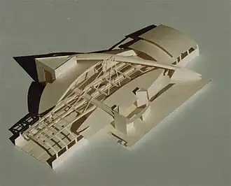 Вариант проекта Евровокзала, подготовленный авторским коллективом ЦНИИП Градостроительства к заказному конкурсу Москомархитектуры, 1998 г.