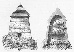 Наружный вид чеченской усыпальницы с пирамидальным покрытием, справа разрез той же усыпальницы. Рисунок Всеволода Миллера 1886 год