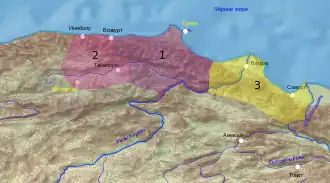 Территория бейлика Перванэогуллары:
1 — первоначальная территория (1277),
2 — Мехмед ненадолго занял Кастамону (1295),
3 — Масуд захватил Бафру и Самсун.