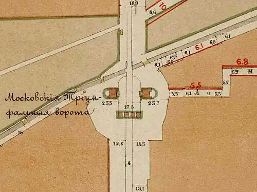 Площадь на плане 1880 года, видны ворота и кордегардии, тонкой линией между ними обозначена ограда