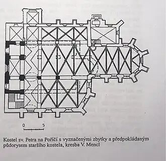 Храм Святого Петра с означенными остатками а возможными планами прежнего храма. Рисунок Ф. Менцл