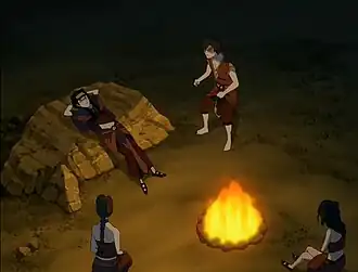 Тай Ли, Мэй, Зуко и Азула на пляже у костра