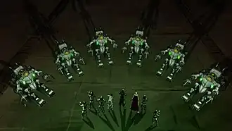 Хироши Сато и Уравнителив механических танках окружаютКорру, Тензина, Лин Бейфонг и полицию