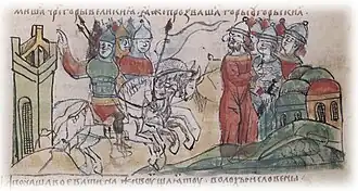 Поход угров (венгров), стоянка их на берегу Днепра в Угорском в 898 году. миниатюра Радзивилловской летописи