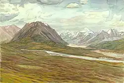 Максимильян Пресняков. Ашутулор впадает в Сарыджаз: Вид с высоты (акварель, 2015)