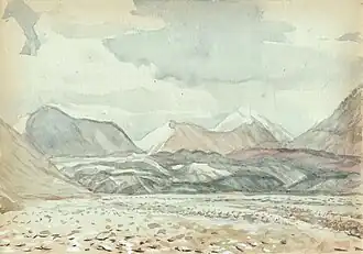 Максимильян Пресняков. Вид на ледник Семёнова, долина реки Сарыджаз (акварель, 2015)