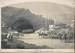 Приезд в Черкез - Кермен Великих князей Николая Николаевича и Михаила Николаевича. Русский художественный листок, 1856 г.