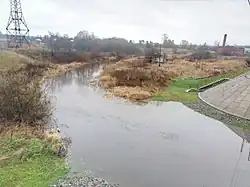 Вид на нижнее течение Равани с моста федеральной автодороги «Россия» в деревне Бабино осенью 2019 года