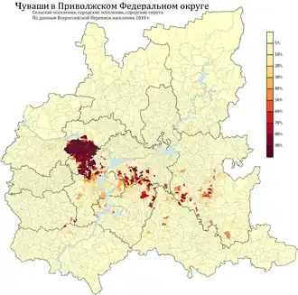 Расселение чувашей в ПФО по городским и сельским поселениям в %, перепись 2010 г.