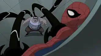 Доктор Осьминог прижимает Человека-паукак стене