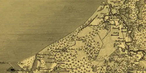 Река Ланга на Семитопографической карте Лифляндии 1839 года. На ней отчётливо видно, что уже начался процесс засыпания русла Ланги песками подвижных дюн возле устья Гауи