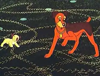 Щенок и пёс разыскивают мальчика Вову, уехаевшего на своём велосипеде.