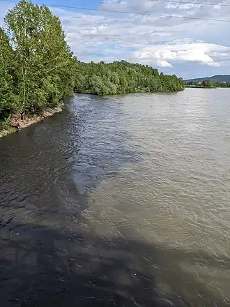 Слияние реки Ольжерас (тёмная вода слева) и реки Уса (приток Томи)