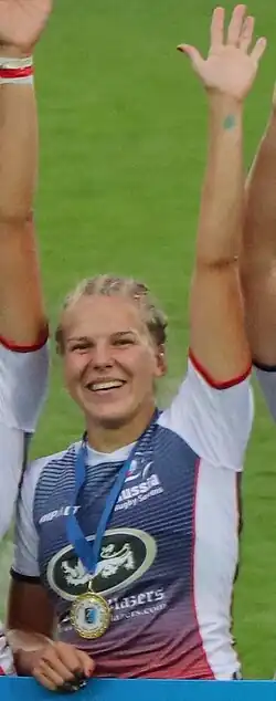 Снежанна Кулькова на награждении чемпионок Европы 2018 года[англ.] по регби-7 в Казани