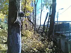 Руины стены Среднего города. Вид с севера со стороны Палат Ямского. Справа — современные постройки и забор Центрального рынка.