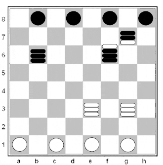Повторяющаяся позиция "Вечный двигатель". Каждые 9  ходов позиция повторяется; цветные маркеры позволяют проследить, что некоторые шашки ("красная", "желтая", "голубая") возвращаются на "исходные" места через 3 цикла, а оставшиеся - через 5 циклов.