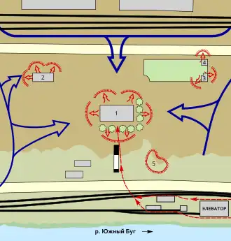 Схема боя десанта: 
1 — контора элеватора (два этажа с подвалом),
2 — каменный сарай северо-западнее,
3 — деревянный домик северо-восточнее конторы,
4 — сарайчик,
5 — окоп на насыпи в 30 метрах юго-восточнее конторы