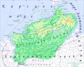 Физическая карта полуострова Таймыр